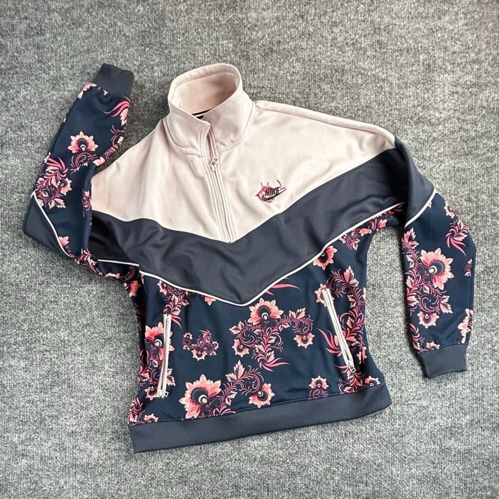 Nike Sportswear Women’s M Floral Colorblock Track Jacket Navy Pink Full Zip